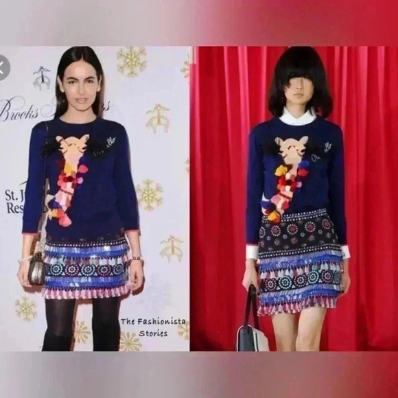 Kate Spade OH Hello Camel Sweater Cashmere Cotton M Embellished Pom Pom Crewneck - Picture 3 of 8